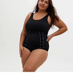 Torrid Black Wireless Slimming Lattice Front One Piece Swimsuit Sz 2X